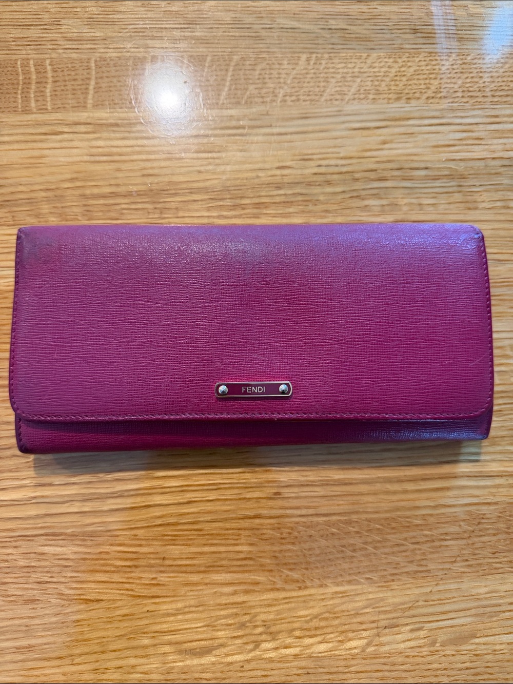 Fendi Berry Leather Long Wallet with Logo Plaque